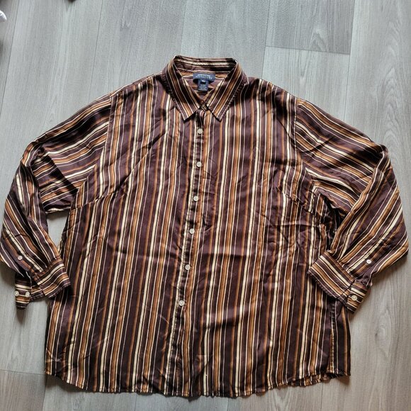 Jones New York Signature Brown & Beige Striped Silk Button-Up Blouse 2X - Picture 2 of 7